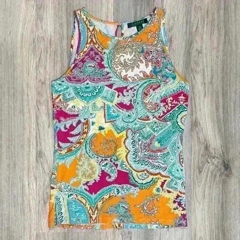 Lauren Ralph Lauren Blue Colorful Paisley Shirt Sleeveless Tank Top Size M
